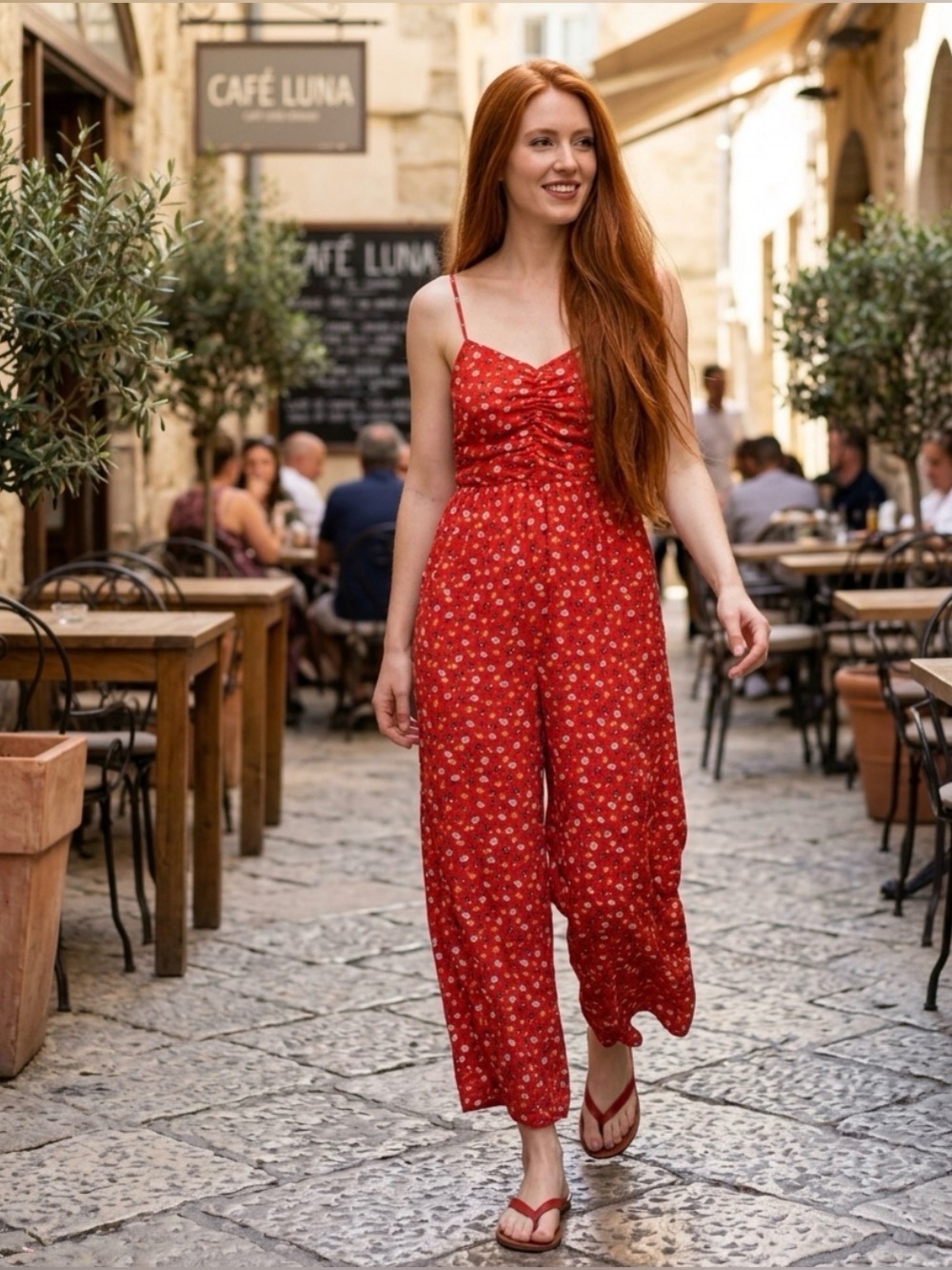 Madewell Red Floral Spaghetti Strap Maxi Flowy Wide Leg Jumpsuit Pants